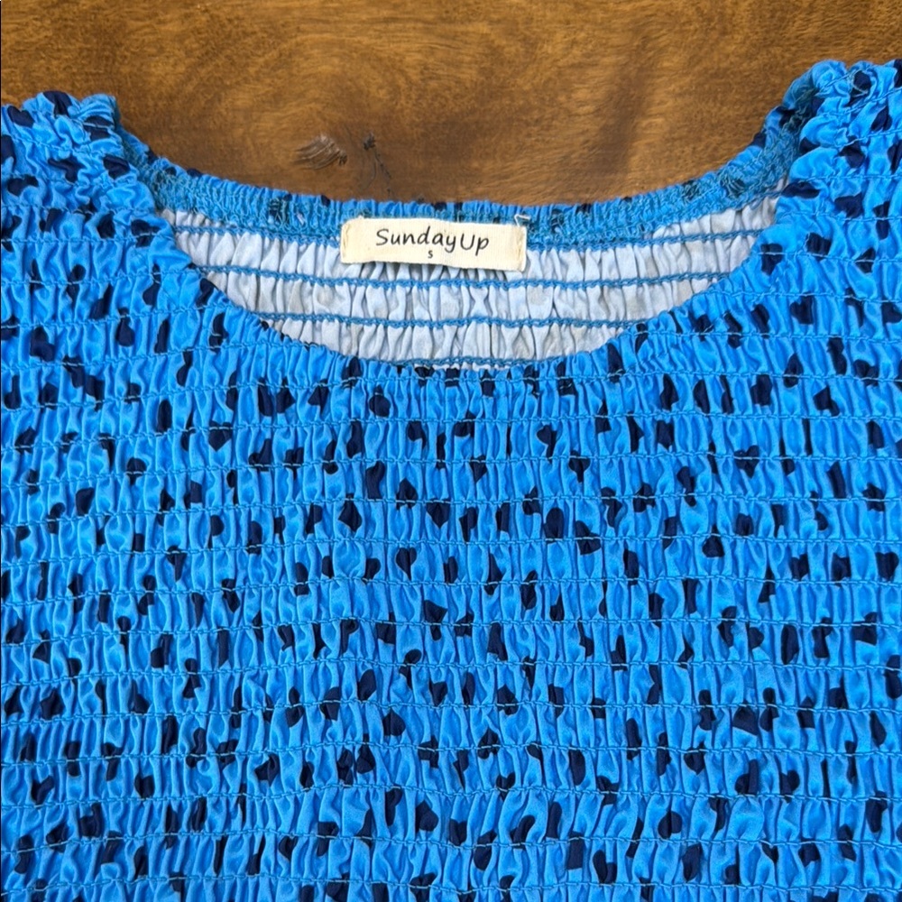 Sunday Blue Smocked Pleated Midi Dress